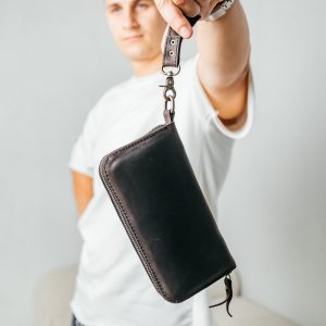Чоловічий шкіряний гаманець, місткий клатч із відділеннями на блискавці, Crazy Horse, коричневий