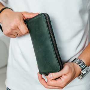 Чоловічий шкіряний гаманець, місткий гаманець із відділеннями на блискавці, Crazy Horse, зелений