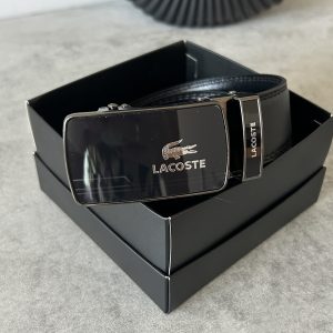 Ремінь чоловічий з еко шкіри Lacoste Лакоста автоматичний, пояс у подарунковій коробці, чорний